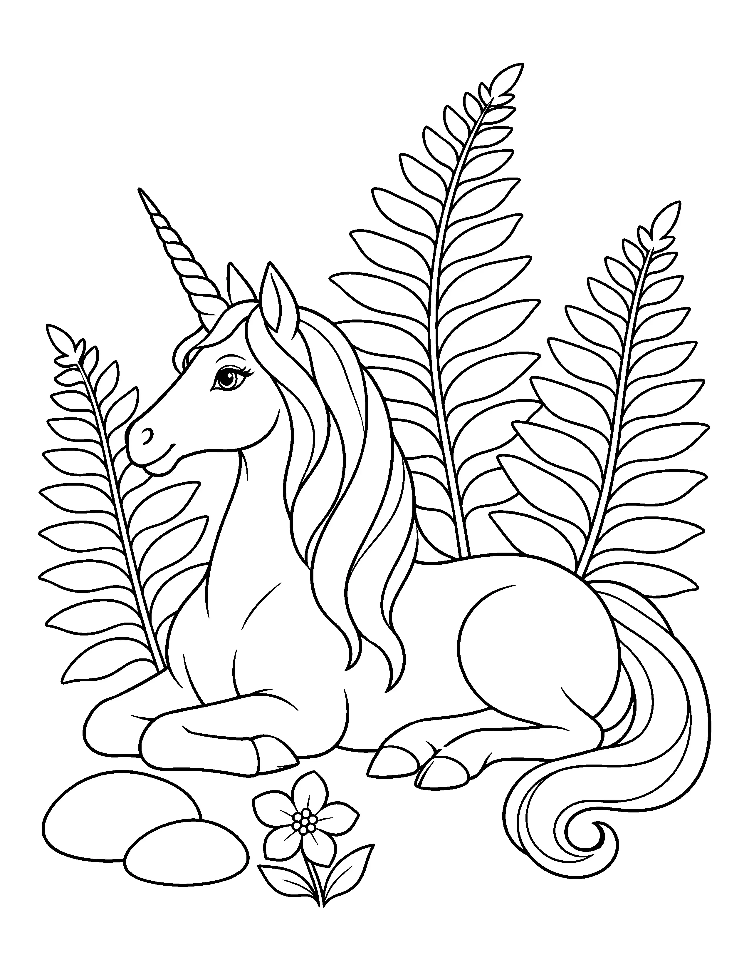 A seated unicorn with a flowing mane and curled tail rests among leafy plants, a flower, and stones in this coloring page.