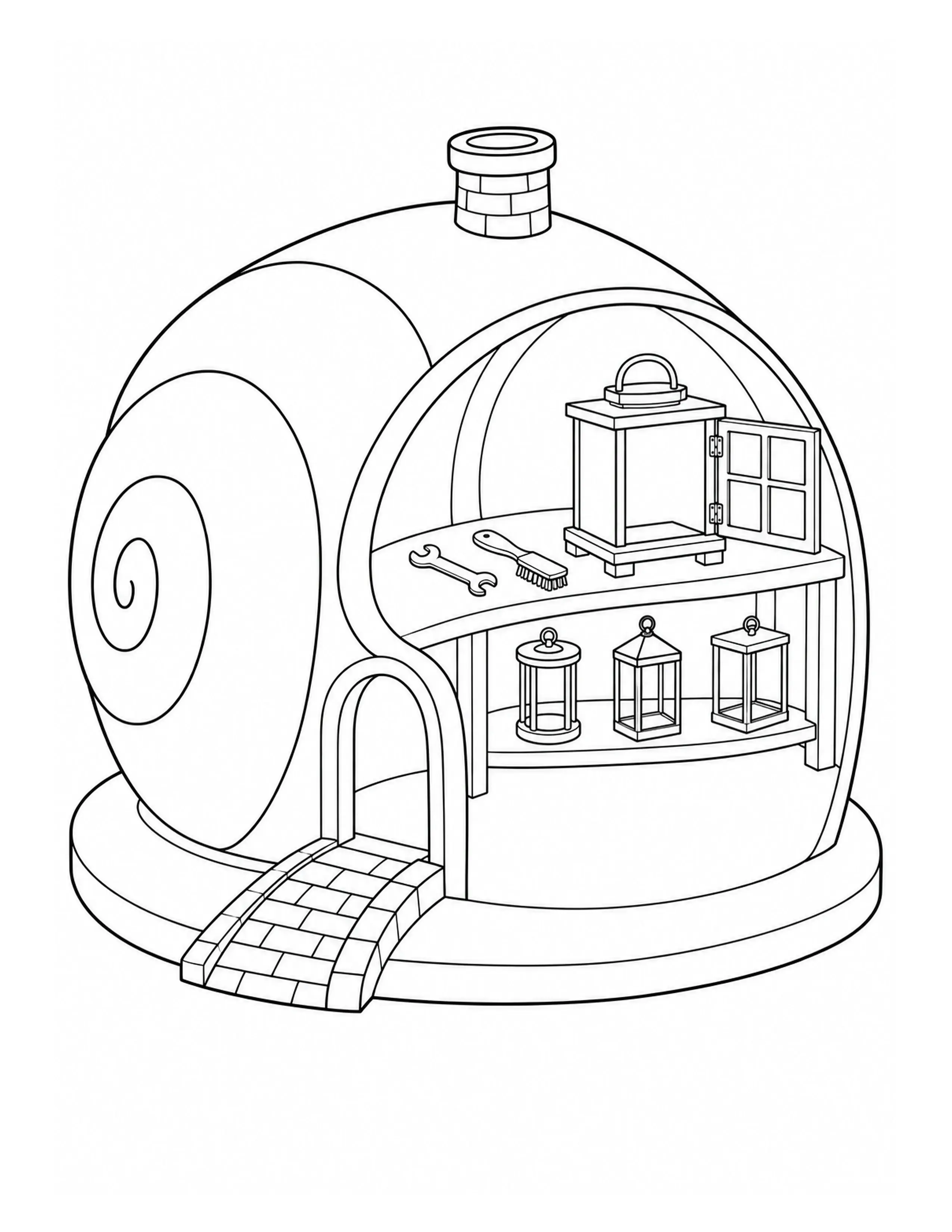 This black-and-white coloring page shows a rounded shell-shaped cottage with a chimney, arched entrance, open shelves, tools, and three lanterns.
