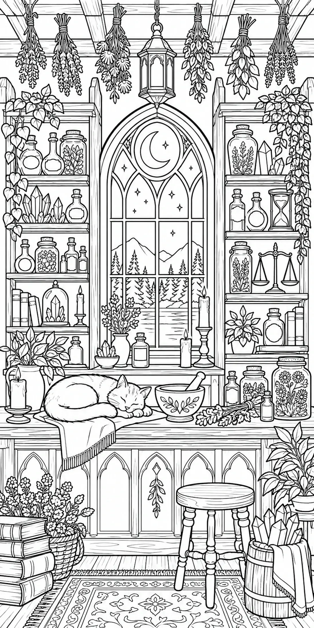 This detailed coloring page shows a sleeping cat on a counter beneath a moonlit arched window, surrounded by herbs, bottles, crystals, books, and candles.