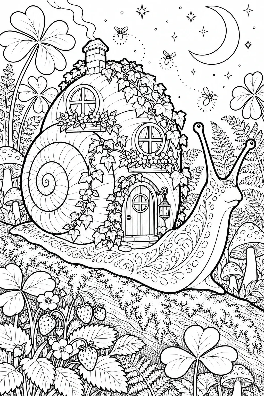This detailed coloring page shows a giant snail carrying a flower-covered cottage, with mushrooms, flowers, strawberries, ferns, fireflies, a crescent moon, and stars.