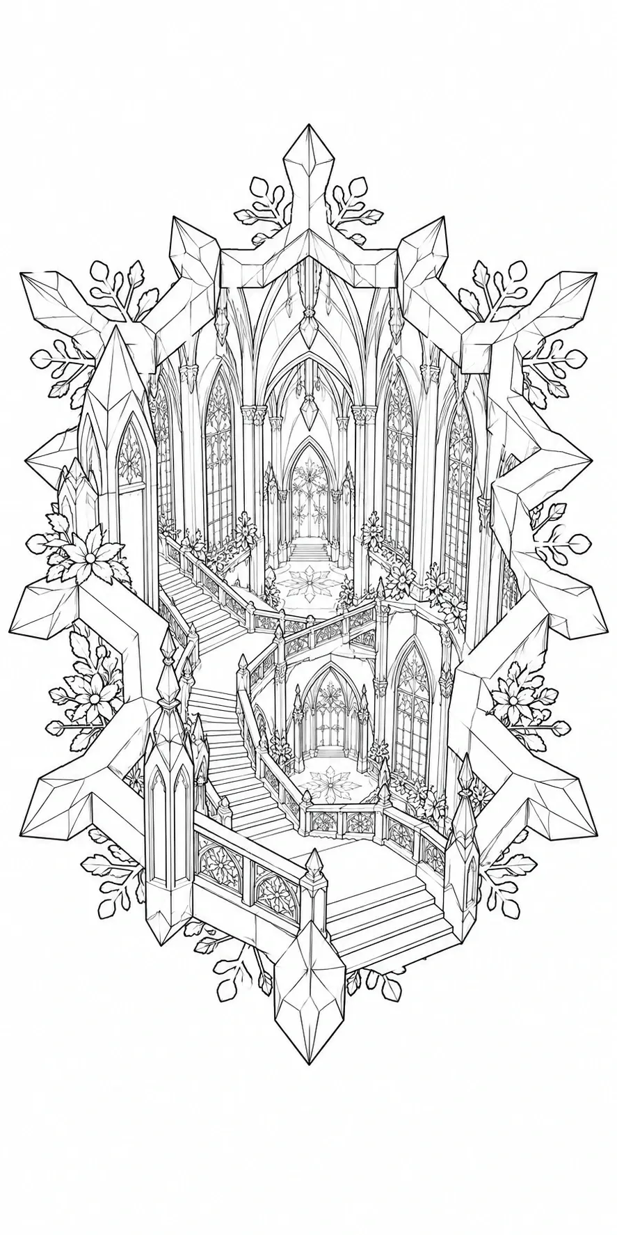 A black-and-white coloring page of a gothic cathedral framed by a snowflake shape with stairs, arches, and stained-glass windows.