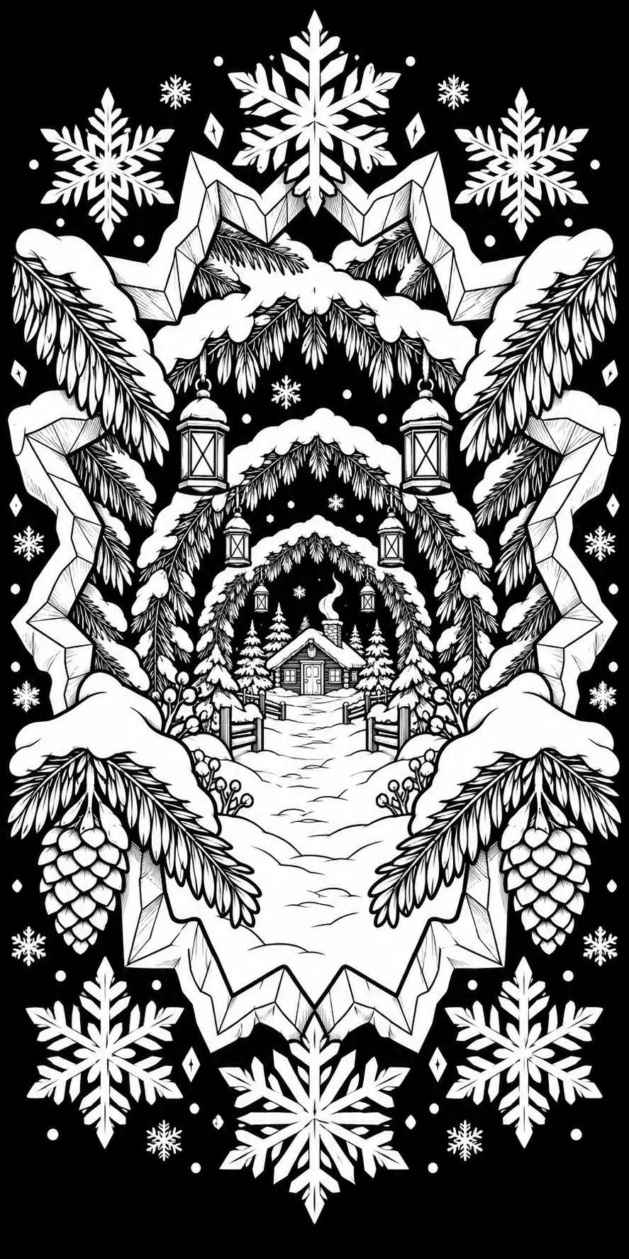 A black-and-white coloring page shows a snowy cabin scene framed by pine branches, lanterns, and large snowflakes.