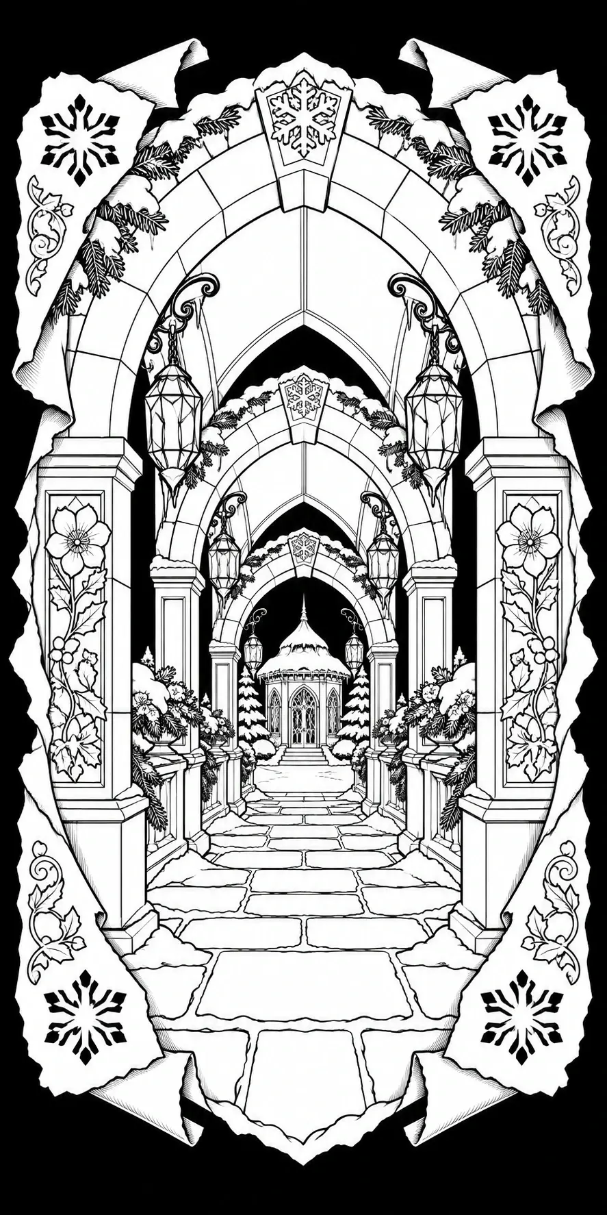 A black-and-white coloring page shows a snowy stone archway with hanging lanterns leading to a small gazebo.