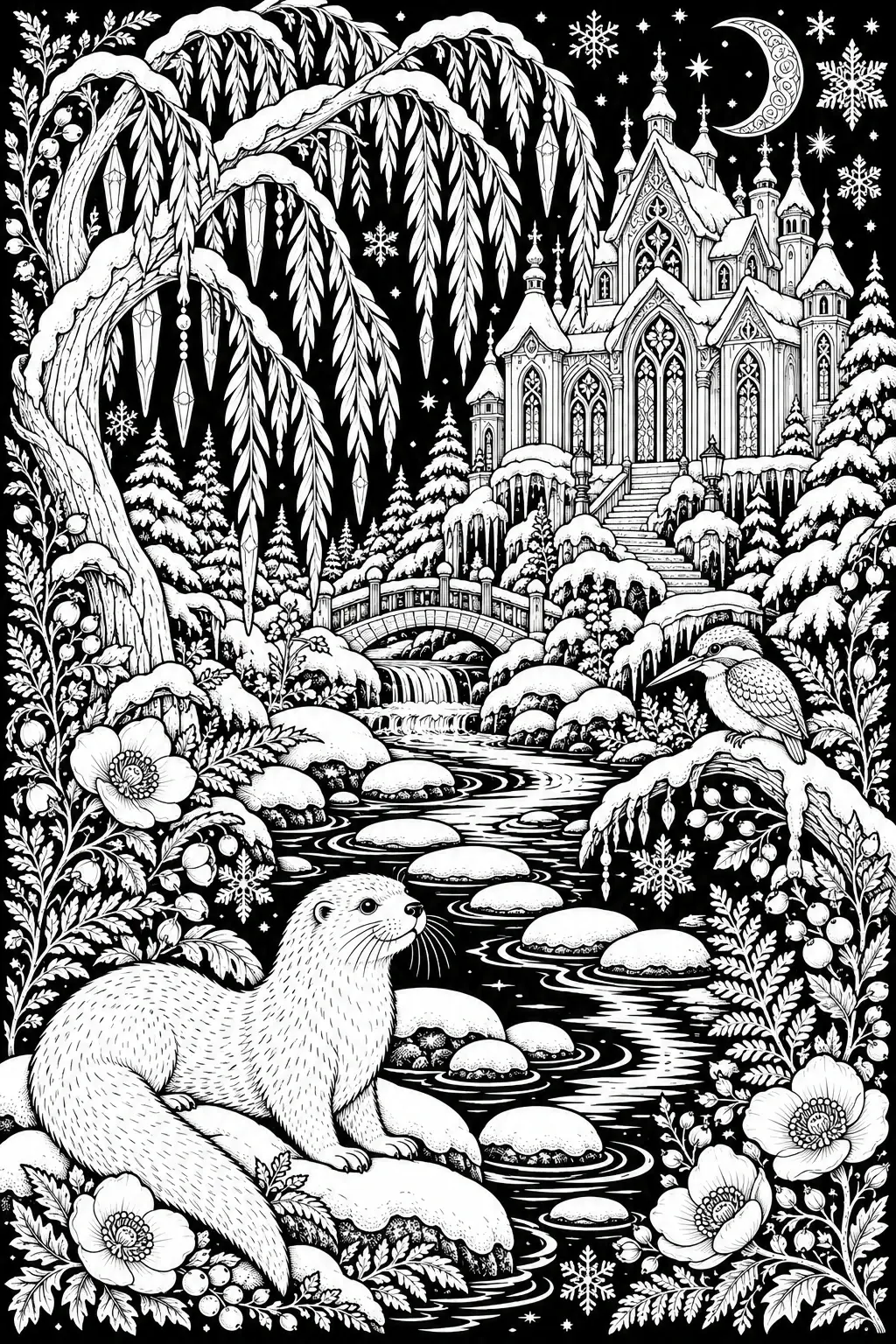 A black-and-white coloring page shows a snowy fantasy castle beside a winding river with a bird, an otter, and a moonlit winter scene.