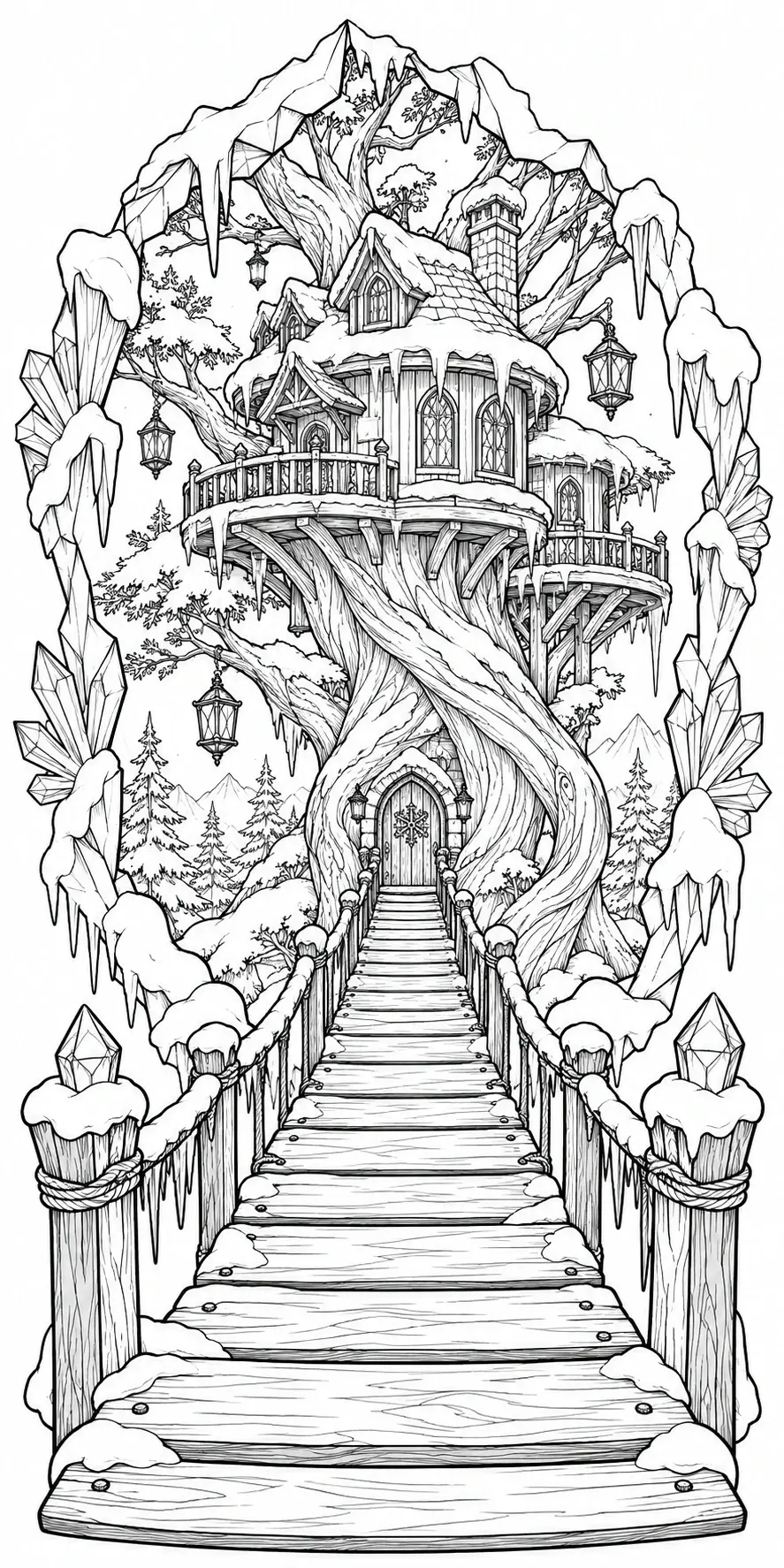 A black-and-white coloring page of a snowy treehouse with a wooden bridge, icicles, lanterns, and tall trees.