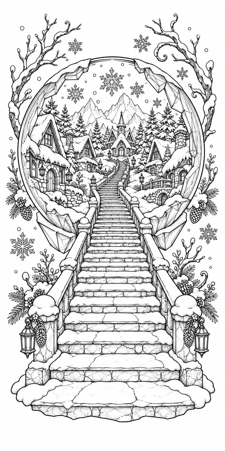 A coloring page of a snowy village staircase leading up to a small church, with pine trees, mountains, lanterns, and snowflakes.