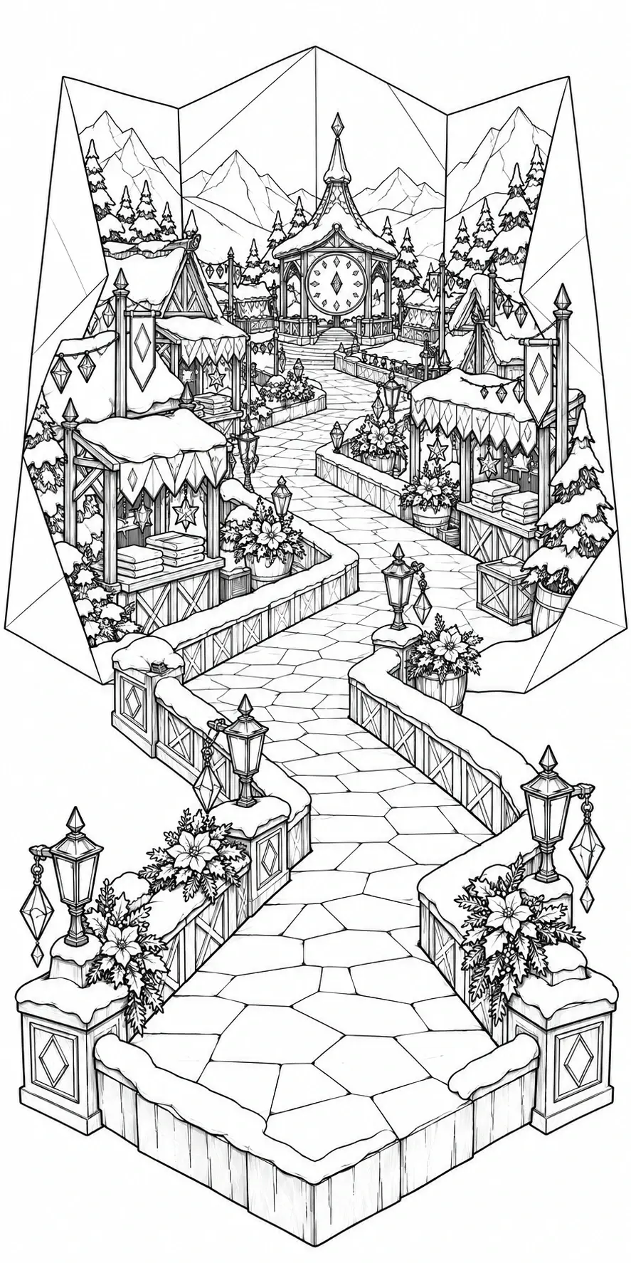 A black-and-white coloring page of a snowy winter market village with a winding path, lanterns, market stalls, mountains, and a clocktower.