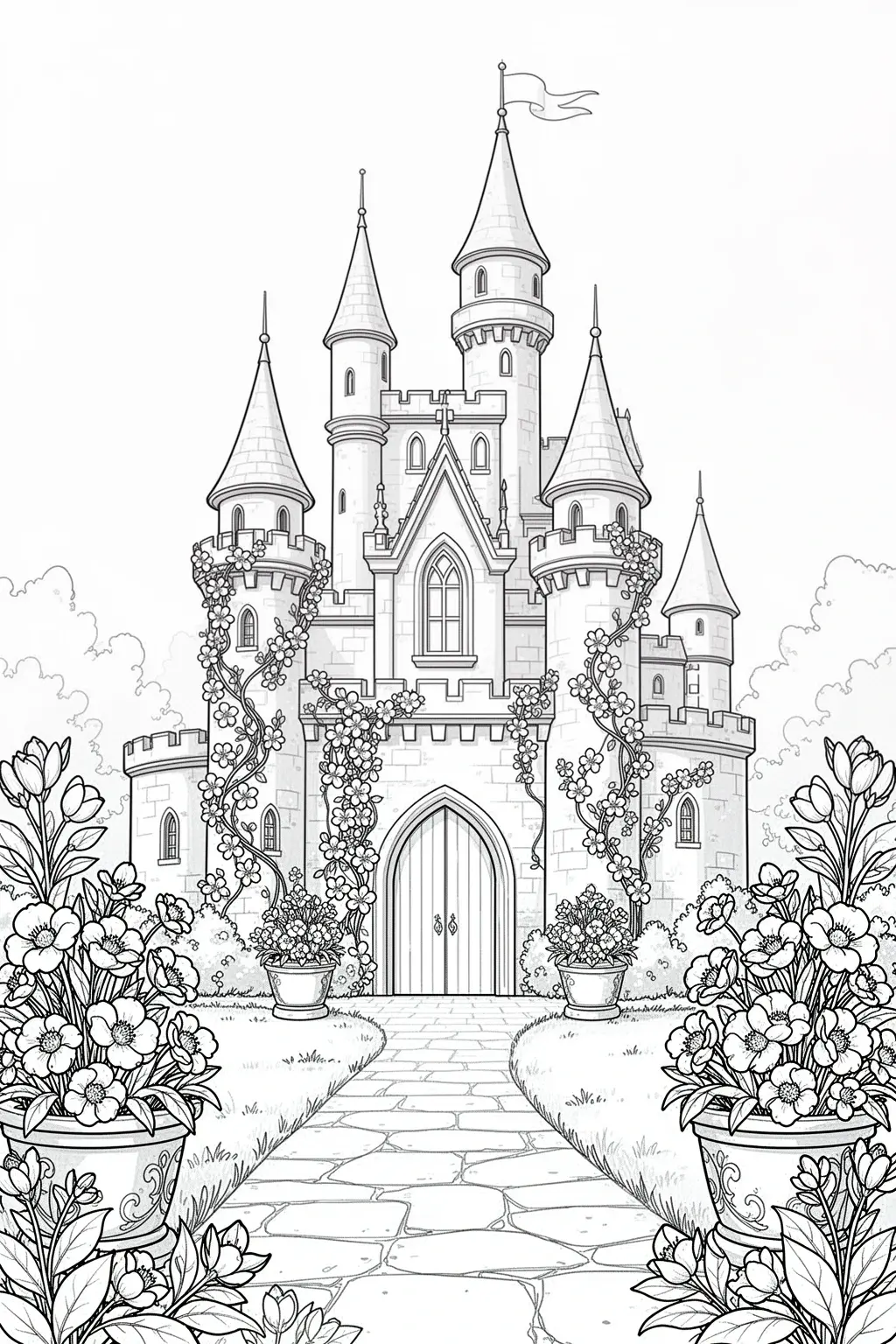Spring castle coloring page with flower vines, stone towers, and a charming courtyard scene.
