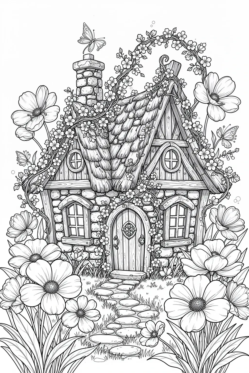 Spring fairy cottage coloring page PDF.