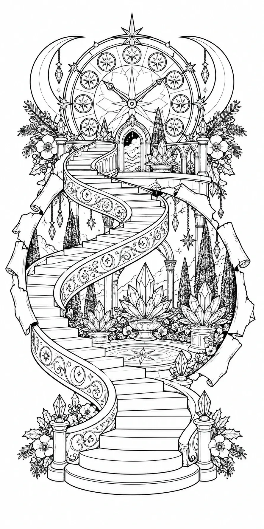 An intricate coloring page shows a spiral staircase rising through a fantasy garden with stars, moons, crystals, and flowers.