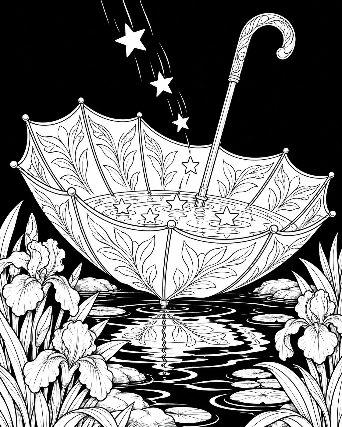 An ornate umbrella decorated with flowers floats above a pond with stars, lily pads, and irises in this detailed coloring page.