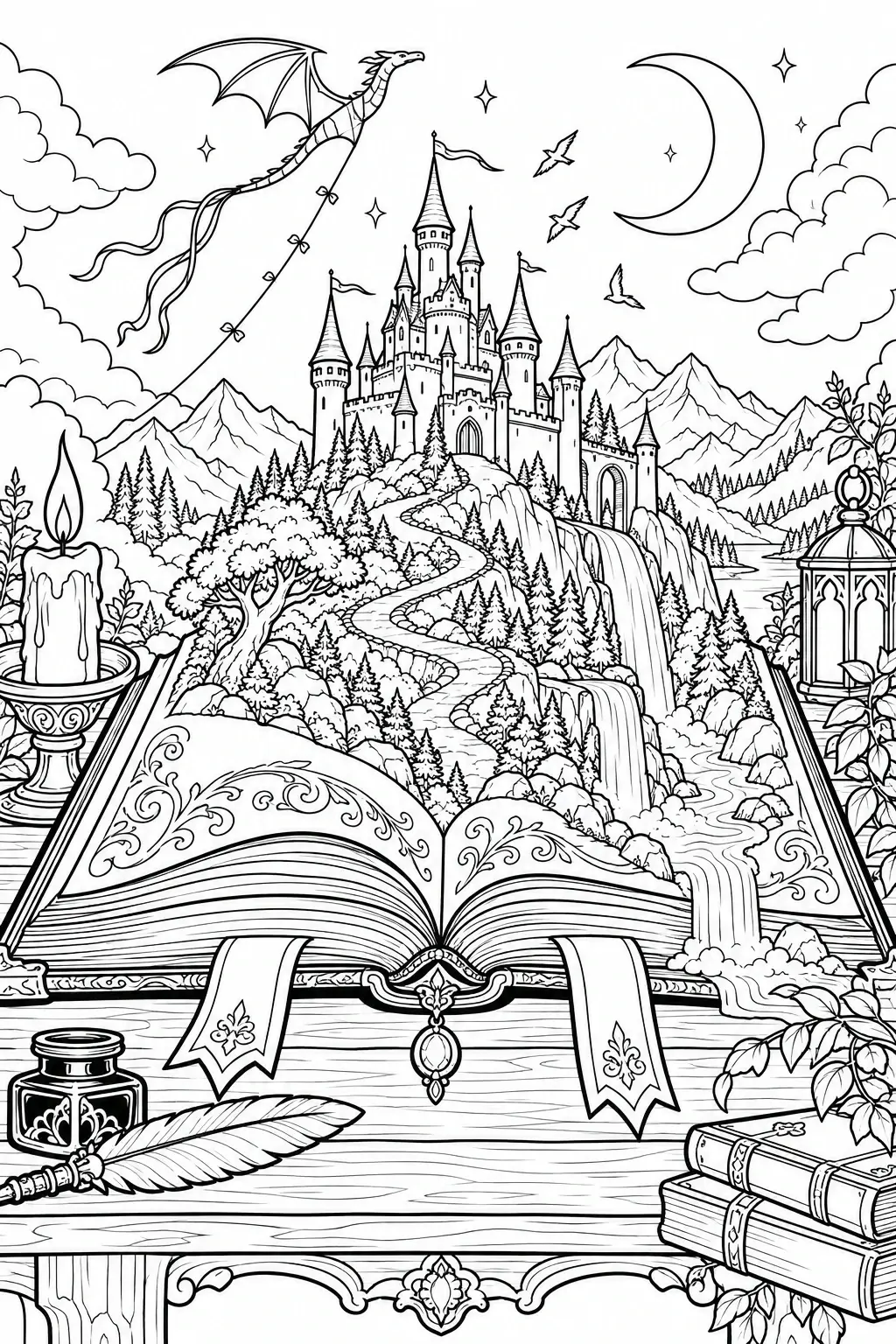 A detailed coloring page shows a castle rising from an open book beneath a flying dragon, crescent moon, and stars, with mountains, trees, and waterfalls.