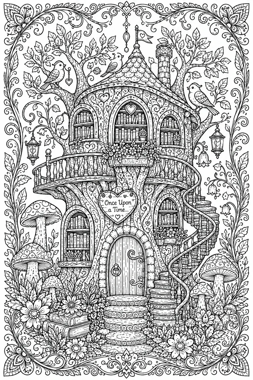A storybook treehouse library coloring page with birds, books, flowers, mushrooms, a winding staircase, and a Once Upon a Time sign.