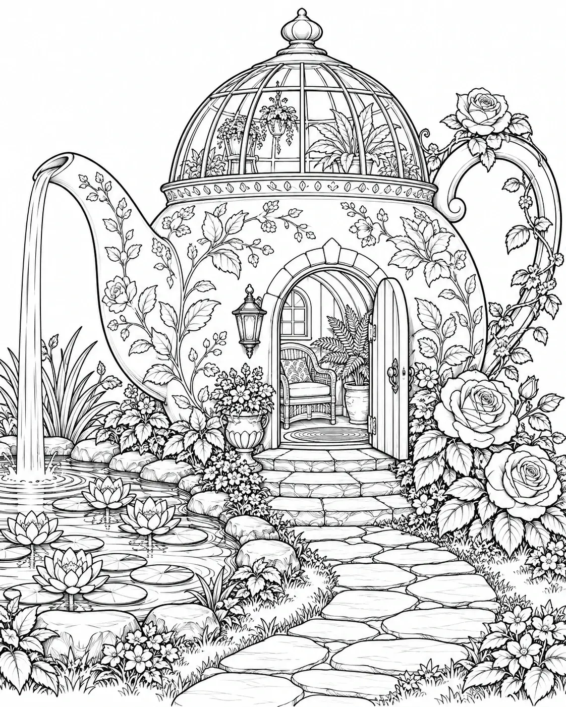 A detailed coloring page shows a teapot-shaped cottage with a glass dome, open doorway, flowering vines, a stone path, and a pond with lily pads.