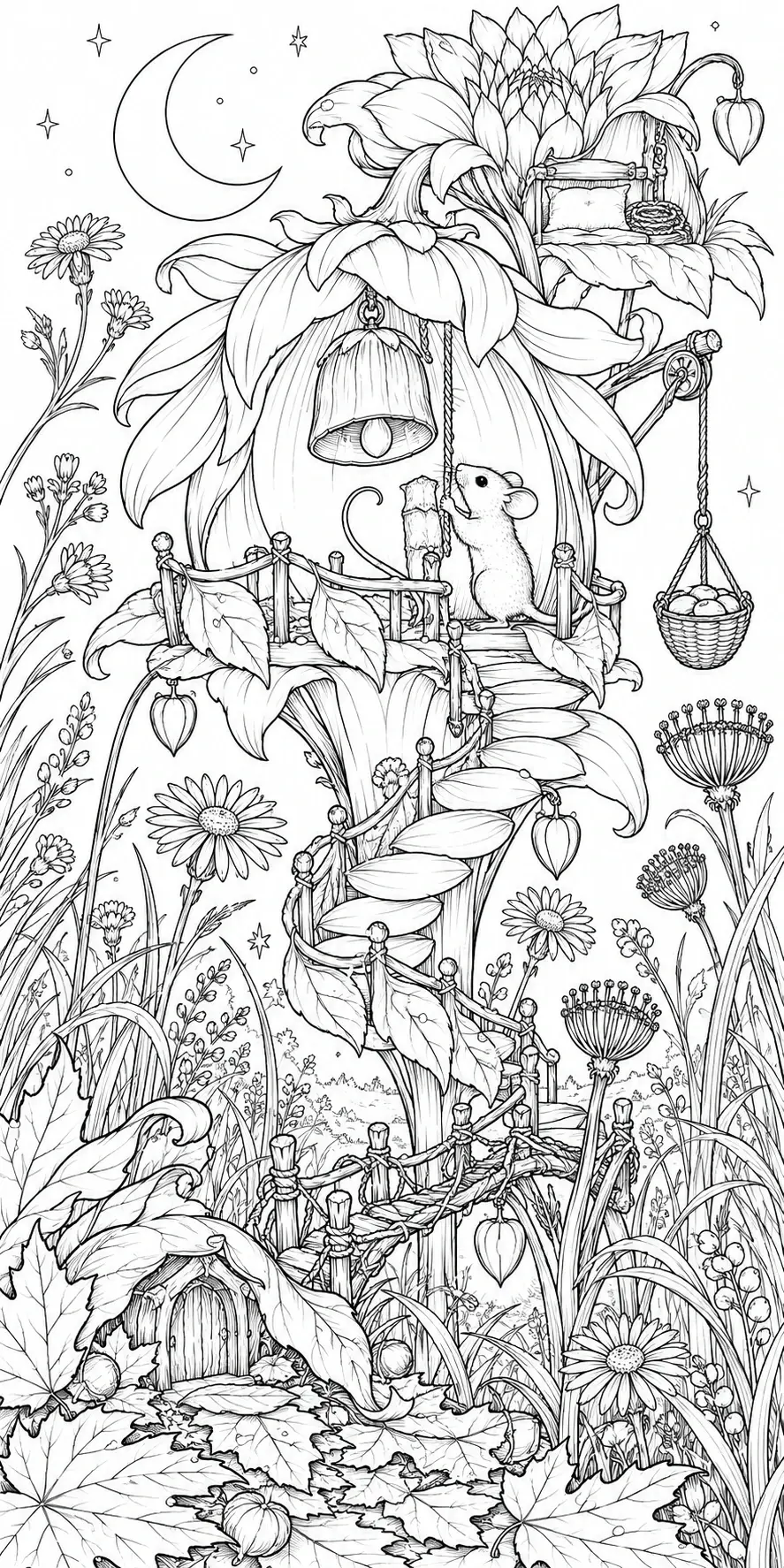 This detailed coloring page shows a tiny mouse beside a bell in a giant flower home, surrounded by leafy stairs, daisies, a crescent moon, and stars.