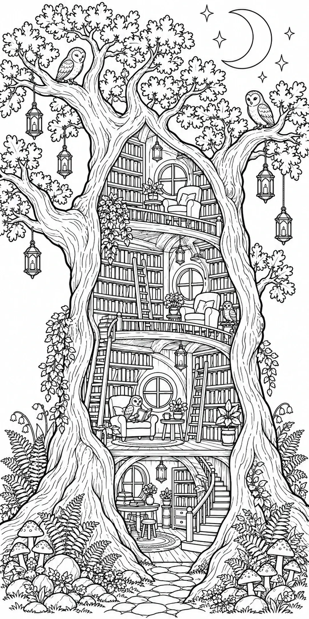 A detailed treehouse library coloring page shows bookshelves, ladders, lanterns, several owls, and a crescent moon among large trees.