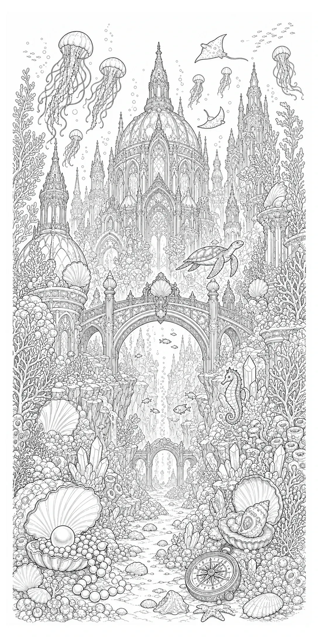 An intricate coloring page shows an underwater fantasy city with jellyfish, sea turtles, coral, shells, and tall castle towers.