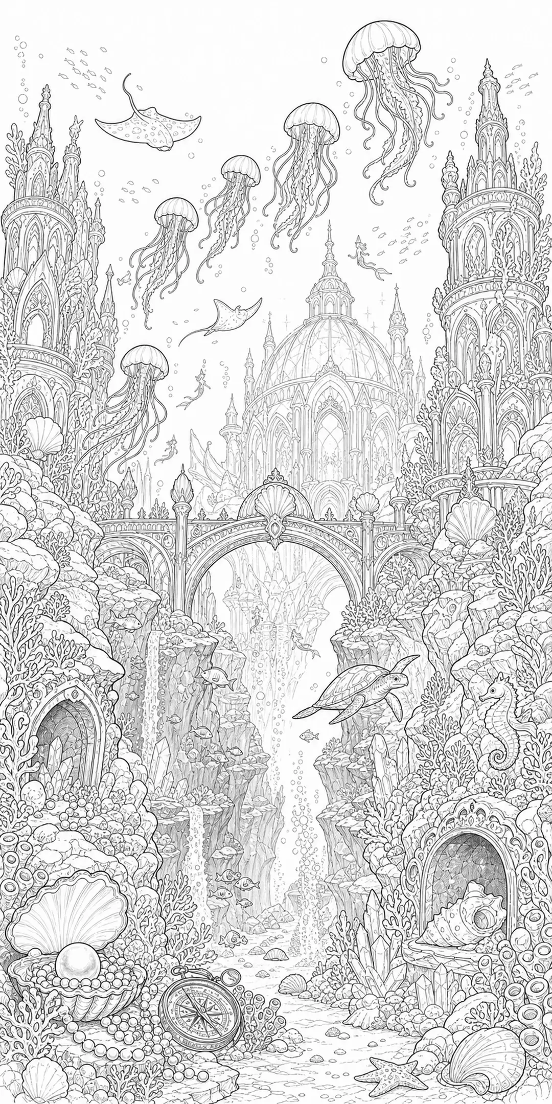 An underwater fantasy city coloring page with jellyfish, sea turtles, coral reefs, and ornate castle towers.