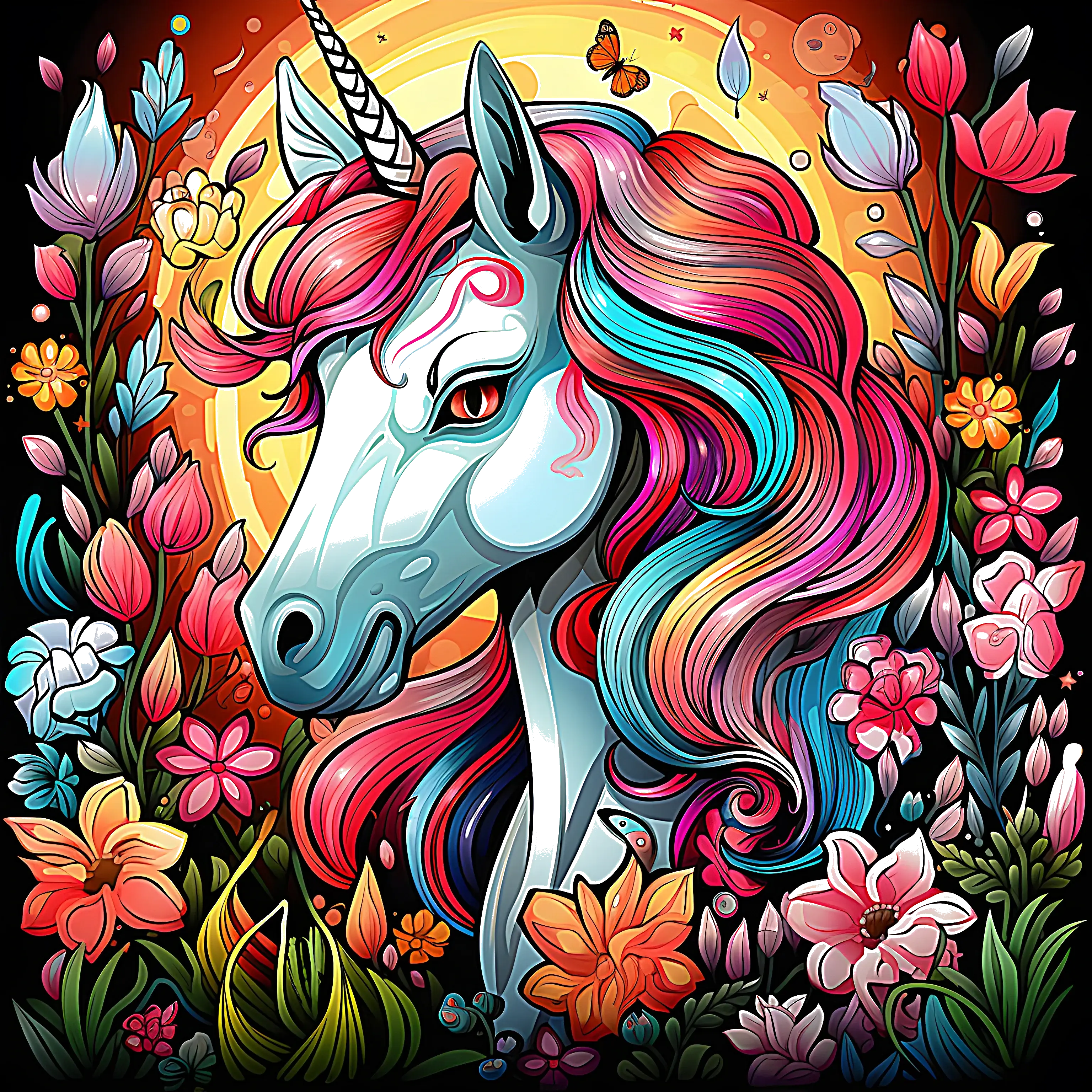 Black and white coloring page of detailed unicorn head with a colorful flowing mane, surrounded by flowers and decorative plants