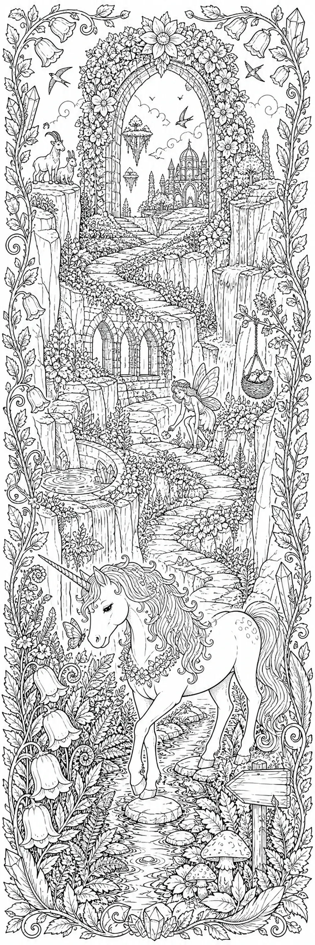 A black-and-white coloring page shows a unicorn standing by a stream in a flower-filled fantasy scene with an archway, fairy, and castle in the distance.