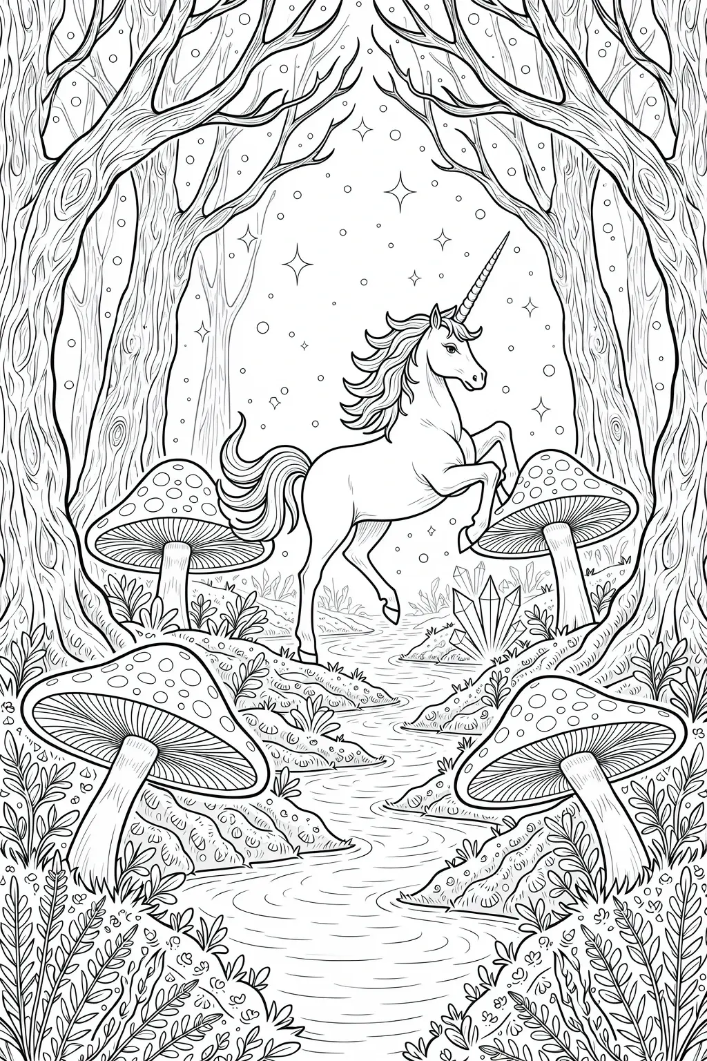 Black and white coloring page of unicorn rearing in a magical forest with tall trees, mushrooms, a flowing stream, and sparkles in the sky