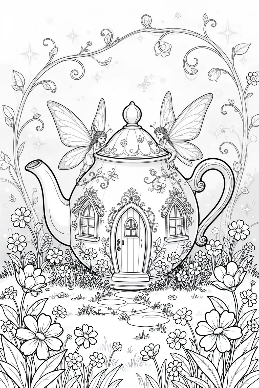 Free printable whimsical fairy teapot house coloring page with flowers, curling vines, and a magical storybook garden scene.