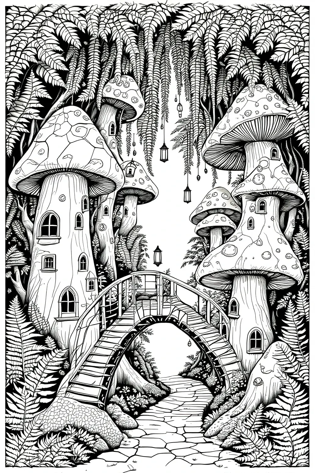 A detailed black and white coloring page of a whimsical mushroom village with mushroom houses, a small bridge, hanging lanterns, and dense forest ferns.