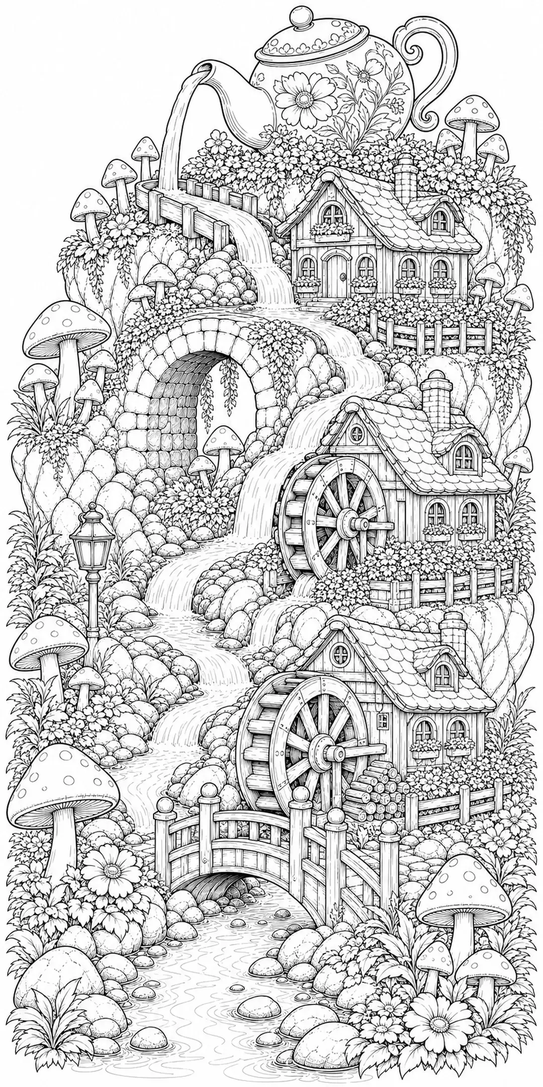 A black-and-white coloring page shows a whimsical fairy village with mushroom houses, waterfalls, a bridge, and a teapot.