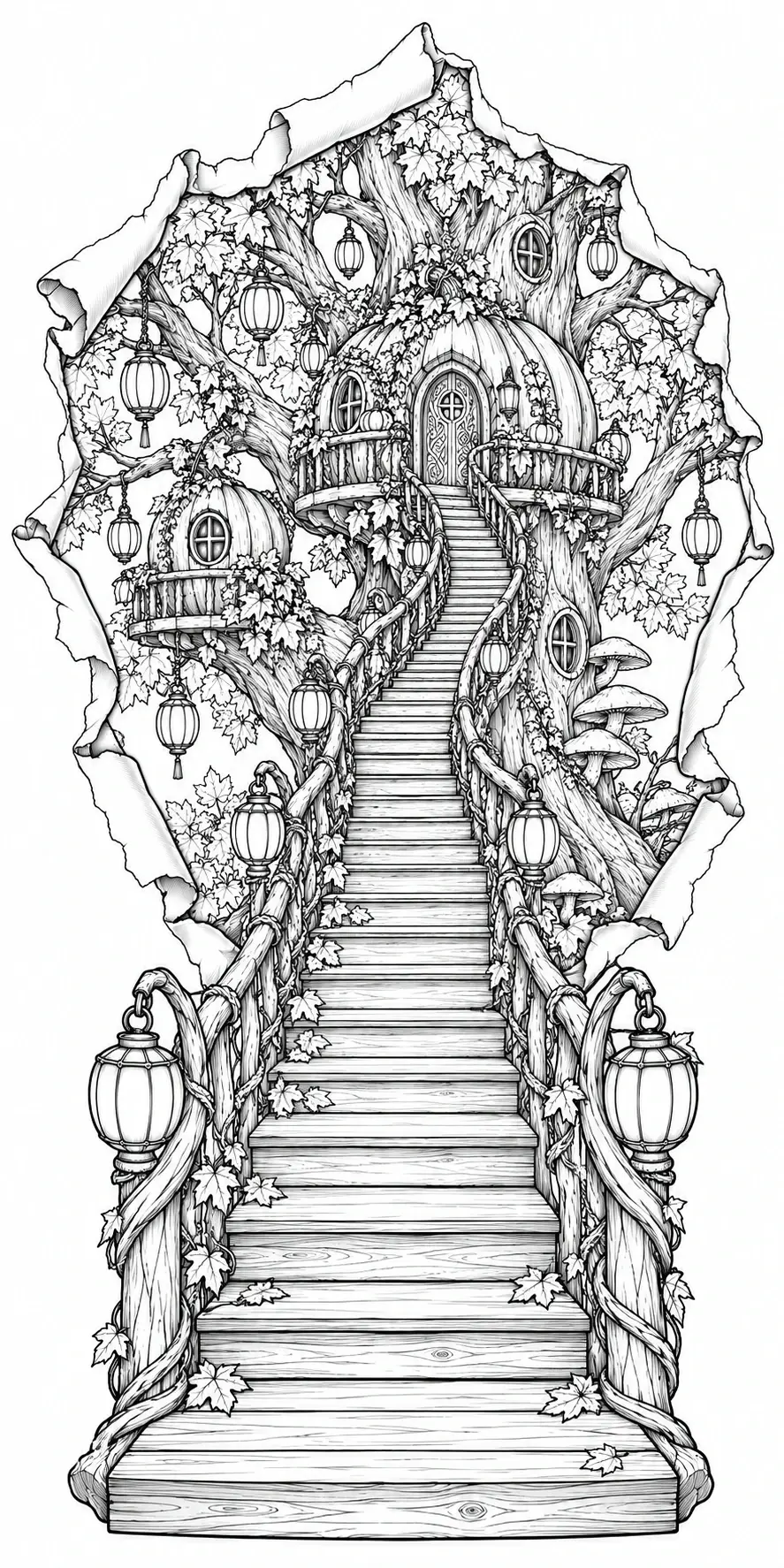 A black-and-white coloring page of a whimsical treehouse with a long wooden staircase, hanging lanterns, and autumn leaves.