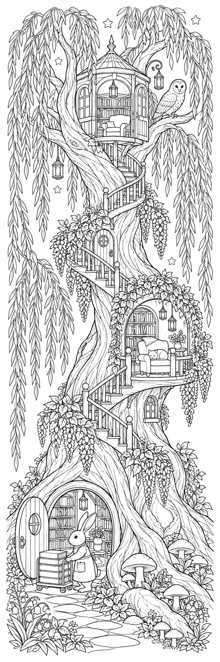 A black-and-white coloring page shows a whimsical treehouse village built into a large willow tree with an owl, a rabbit, and cozy rooms.