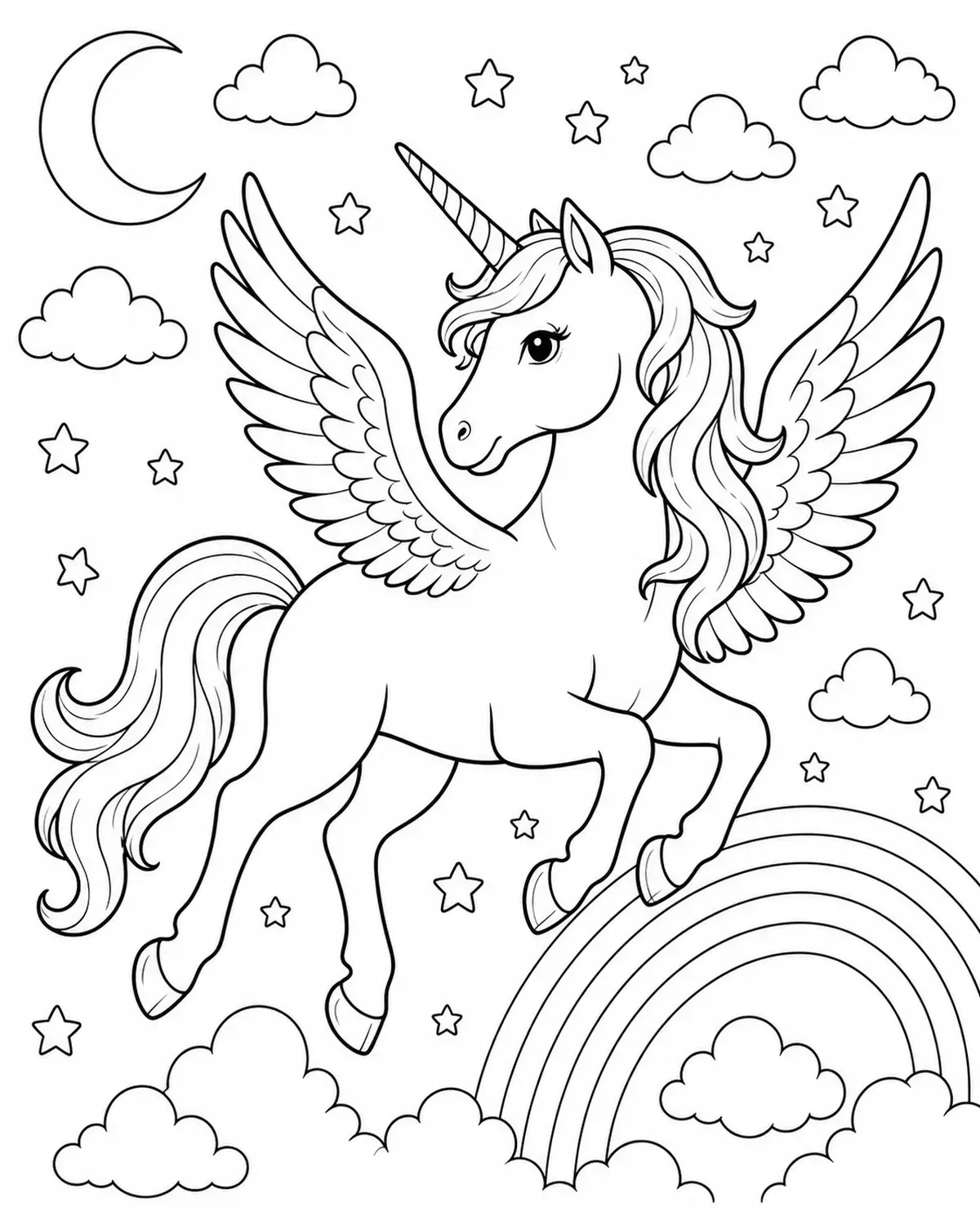 A winged unicorn stands on a rainbow with clouds, stars, and a crescent moon in this coloring page.