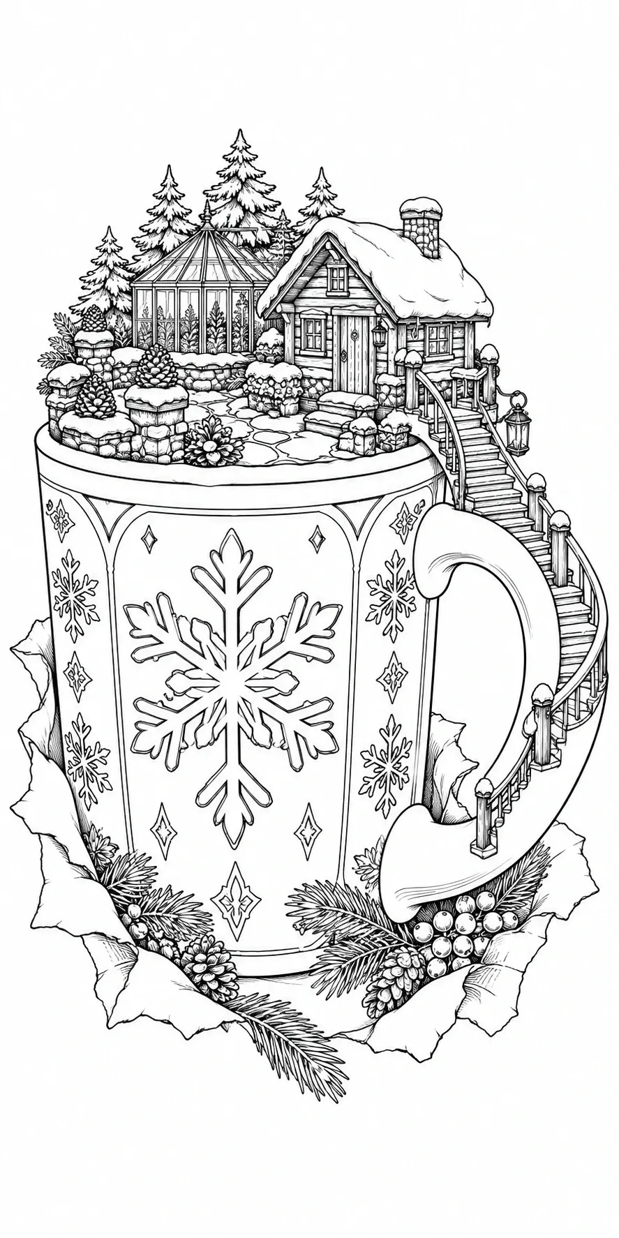 A coloring page showing a winter cabin scene inside a large mug with snowflakes, pine trees, and a snowy staircase.