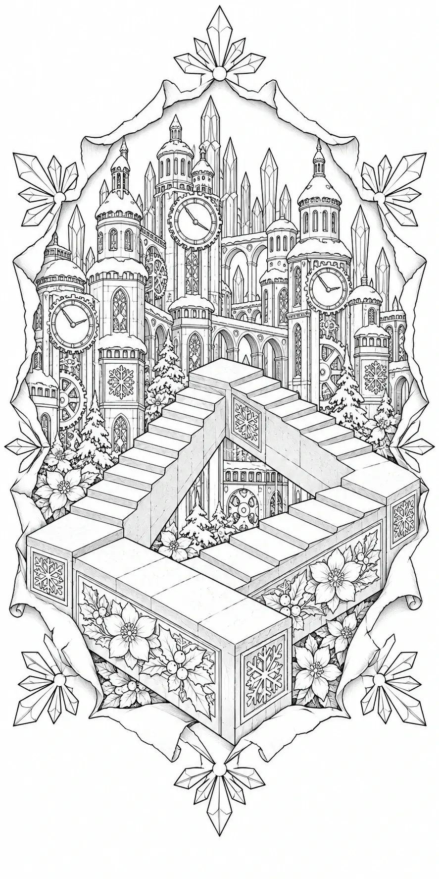 A black-and-white coloring page of a winter clockwork castle with clock towers, snowflakes, and crystal decorations.