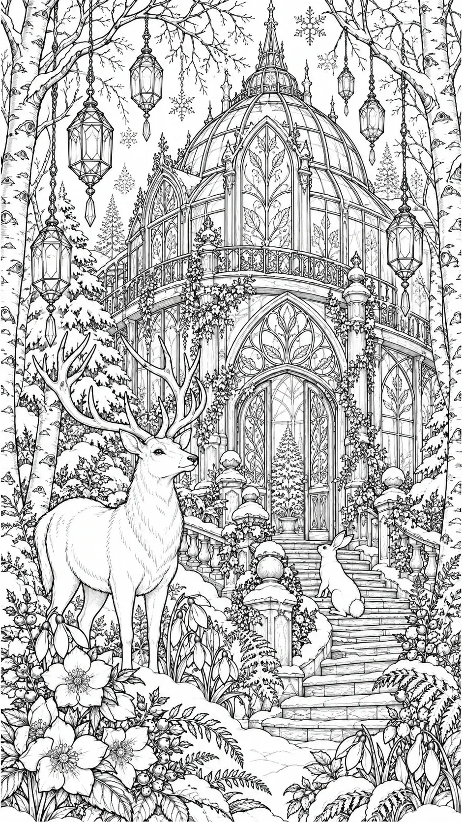 A black-and-white coloring page shows a winter conservatory with a deer, a rabbit on the steps, birch trees, and snow-covered flowers.