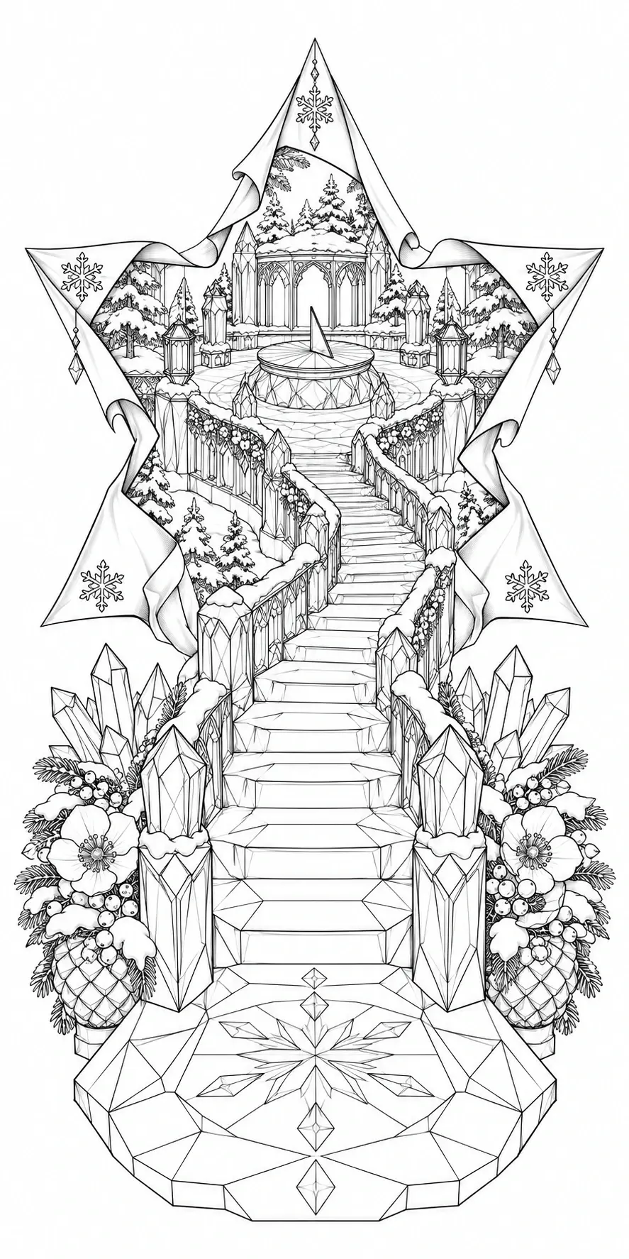 A black-and-white coloring page shows a winter crystal garden with a stairway, gazebo, snowflakes, and tall crystals.