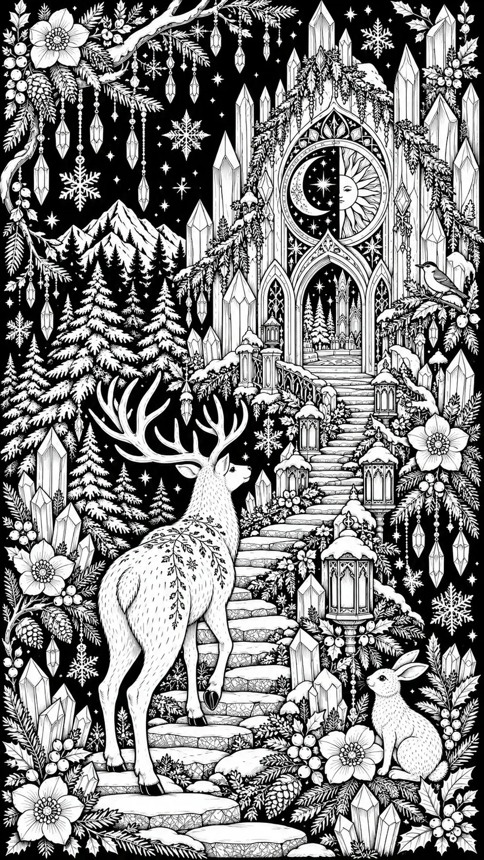 A winter woodland deer stands beside a snowy stone staircase leading to a crystal sanctuary, with a rabbit, bird, moon, and stars in the coloring page.