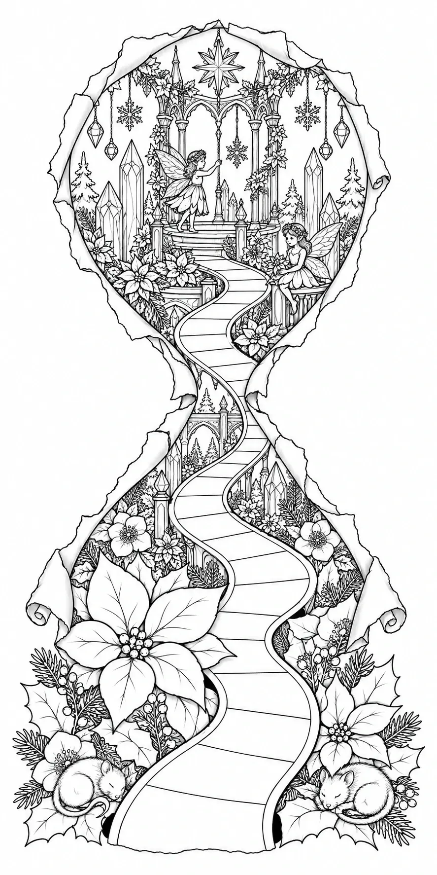 A black-and-white coloring page shows a fantasy winter garden with fairies, crystals, snowflakes, flowers, and sleeping mice along a winding path.
