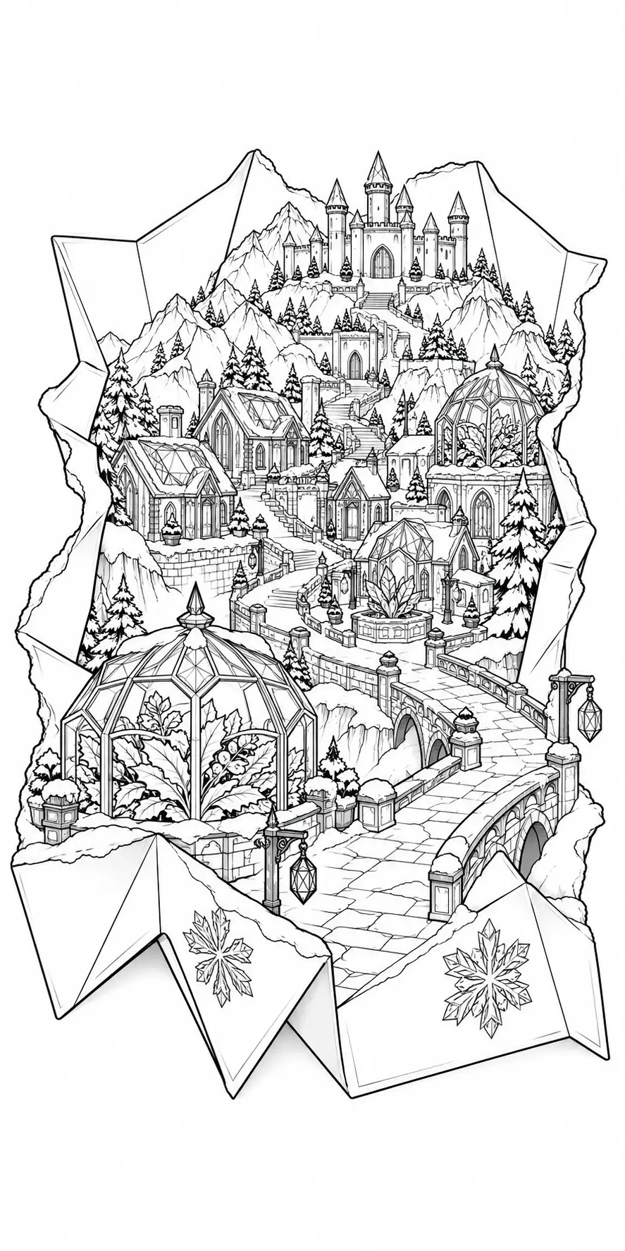 A winter fantasy coloring page shows a castle village with snowy mountains, bridges, pine trees, and snowflakes.