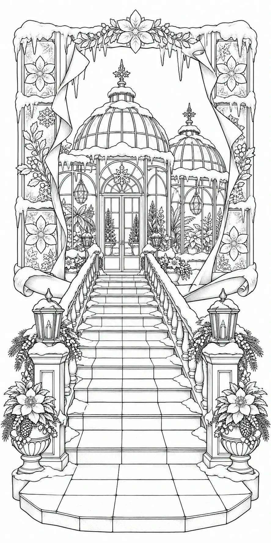 A winter greenhouse coloring page shows snow-covered steps, glass domes, lanterns, and poinsettias in black-and-white line art.