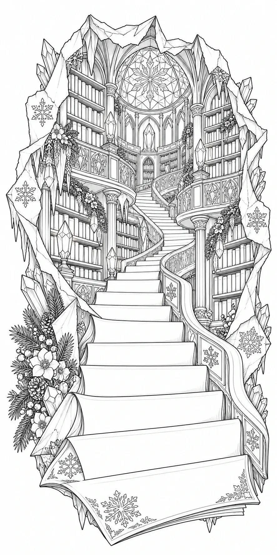 A black-and-white coloring page shows a grand library staircase surrounded by bookshelves, snowflakes, and ornate winter decorations.