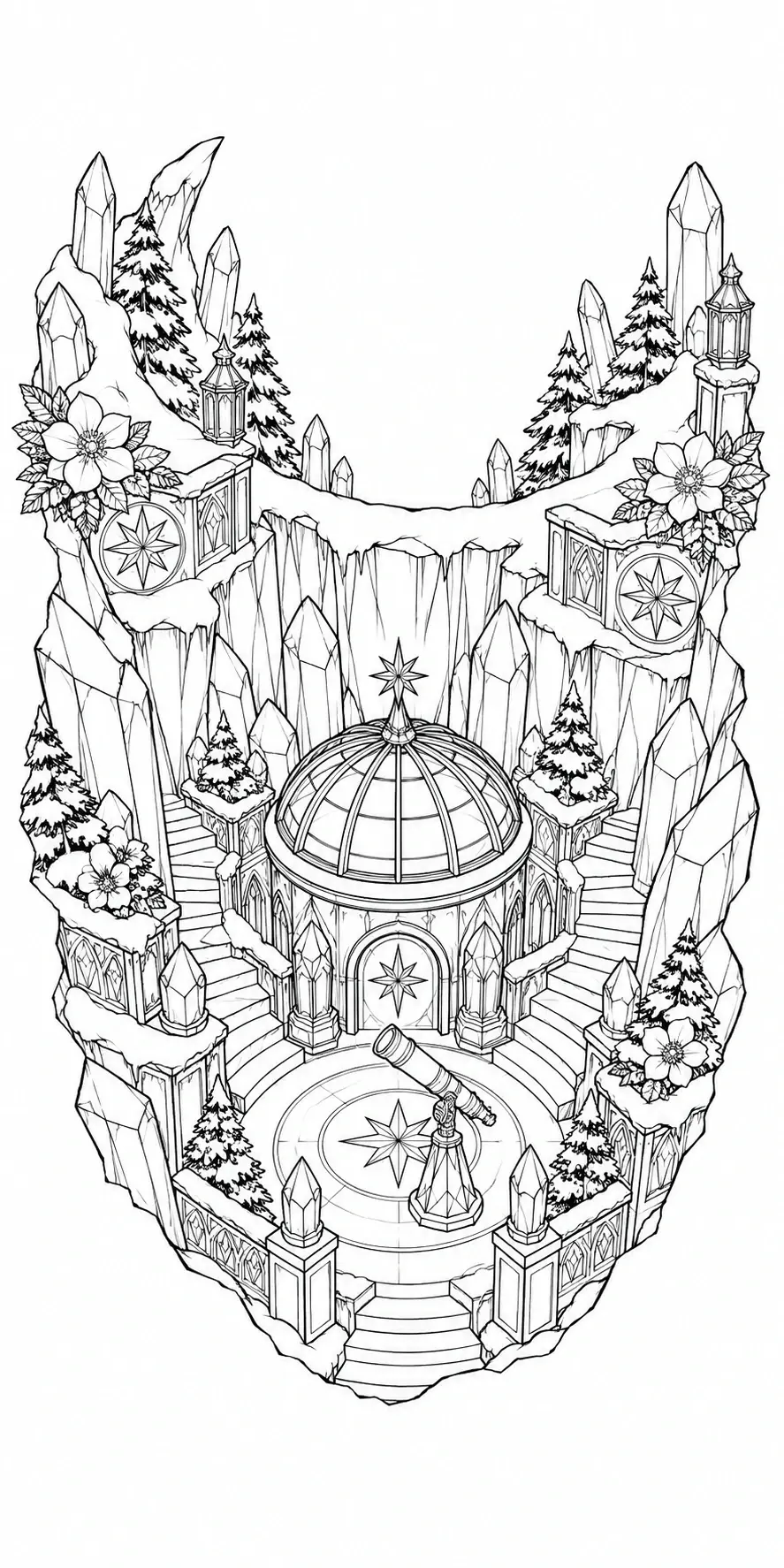 A black-and-white coloring page of a winter observatory with a telescope, snowy cliffs, pine trees, and crystal spires.