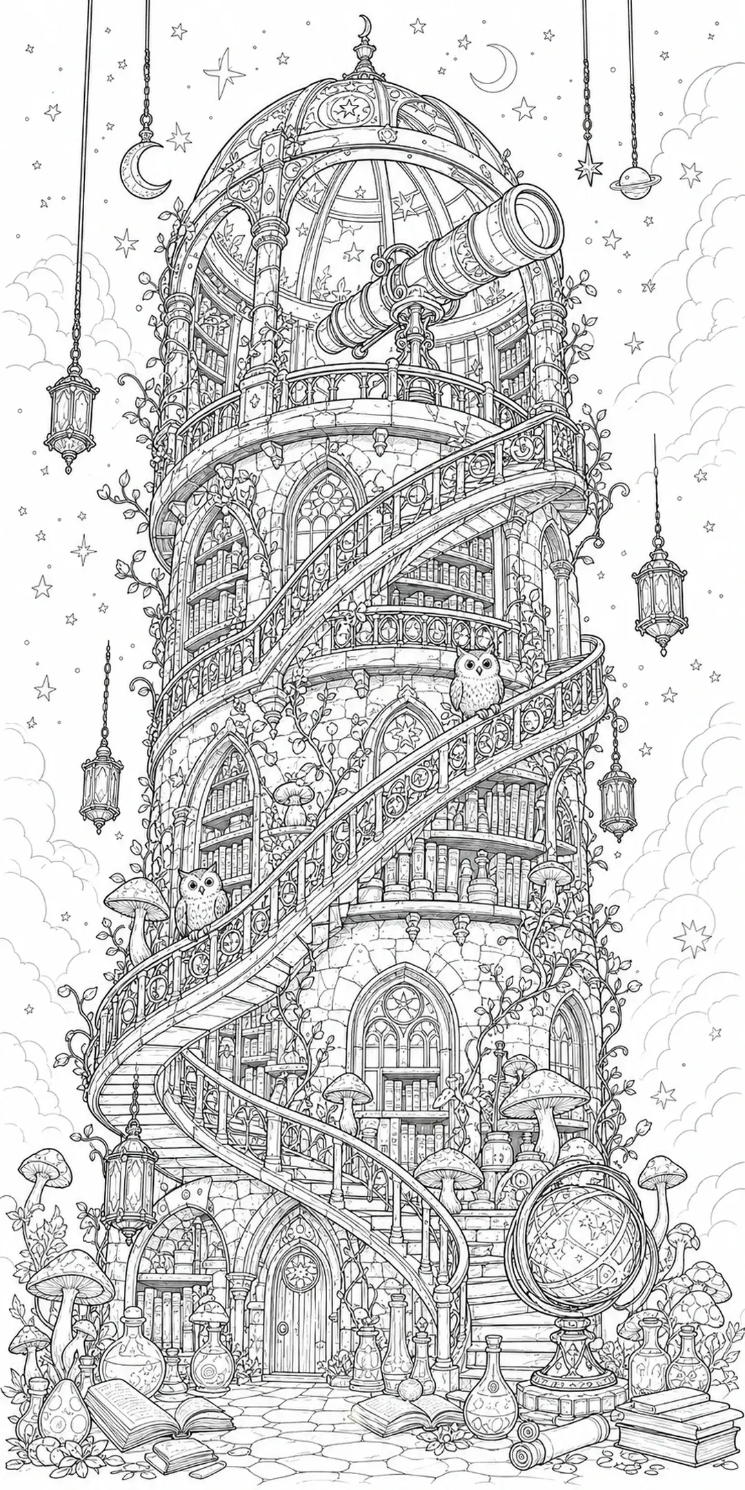 A black-and-white coloring page of a tall wizard tower with a telescope, spiral stairs, owls, books, and a starry moonlit sky.