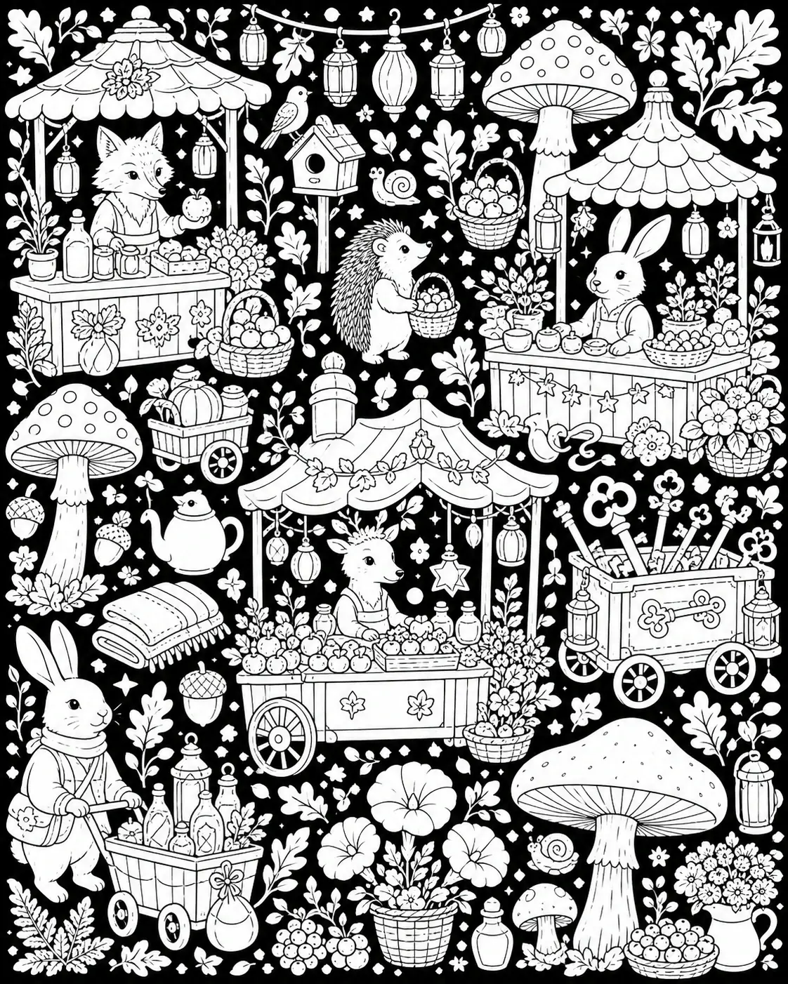 A black-and-white coloring page showing cute woodland animals at busy market stalls with mushrooms, lanterns, baskets, and flowers.