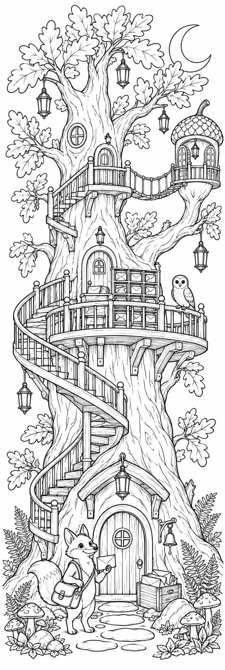 A black-and-white coloring page shows a tall treehouse built into a tree with lanterns, a moon, an owl, and a fox holding a letter.