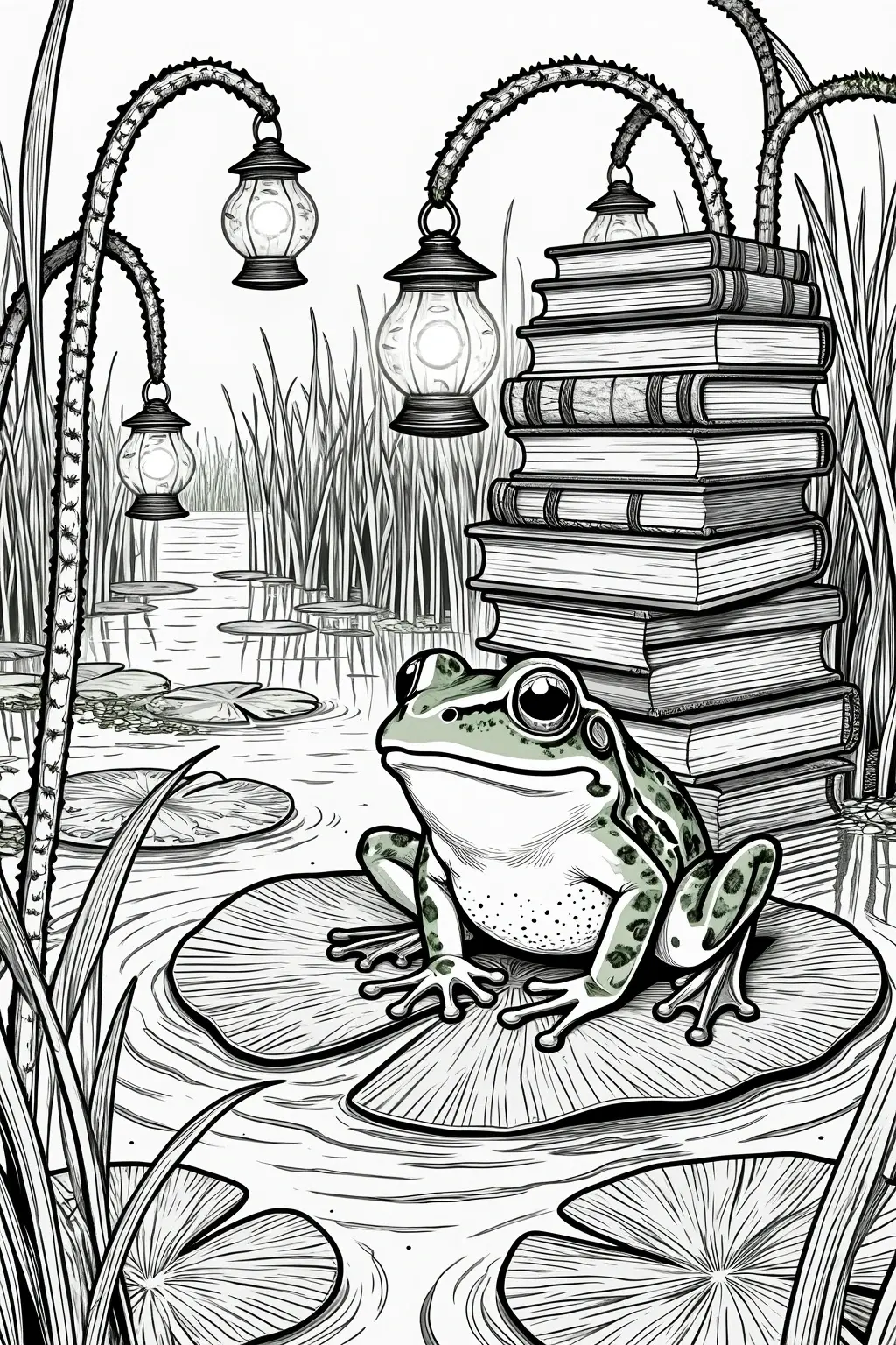 Black and white detailed coloring page showing a frog sitting on a lily pad in a swamp scene with hanging lanterns, tall grass, lily pads, and a stack of books, designed as kids' coloring page