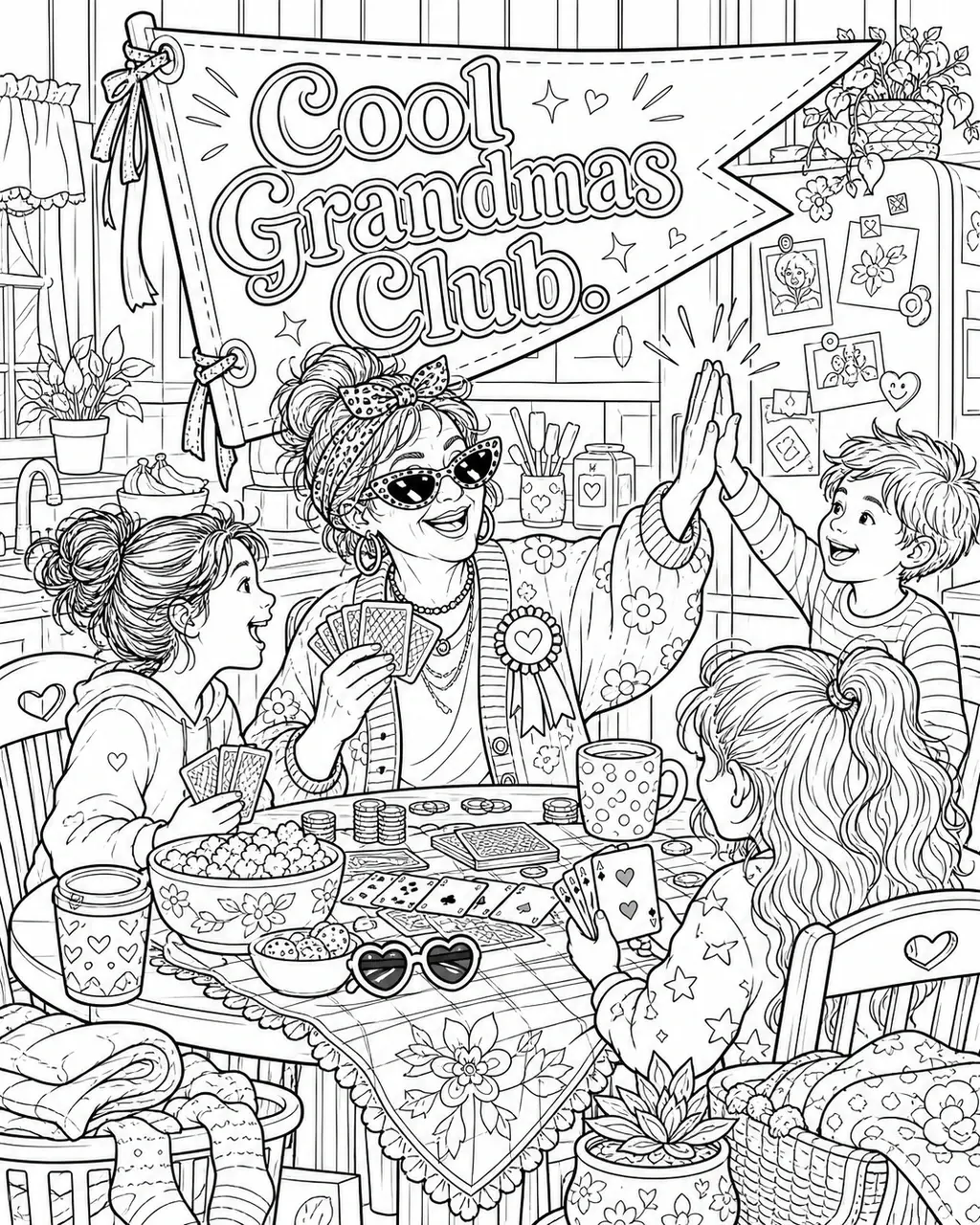 Black and white printable adult coloring page with the hand-lettered phrase Cool Grandmas Club. Features club pennant, membership badge, retro sunglasses.