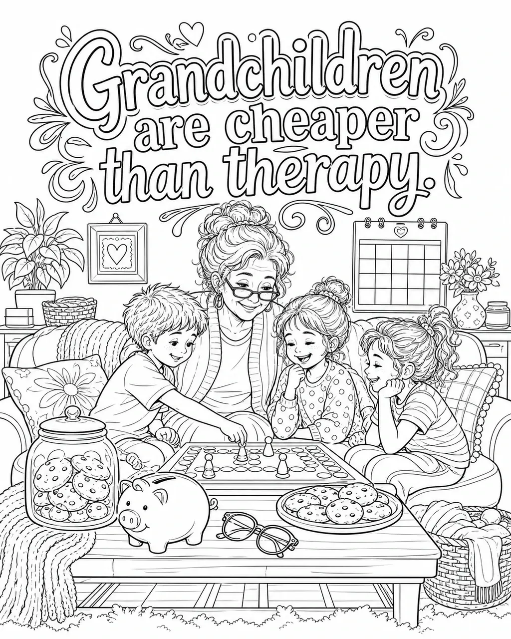 Black and white printable adult coloring page with the hand-lettered phrase Grandchildren are cheaper than therapy. Features Grandma and grandchildren on a cozy couch, cookie jar, board game, piggy