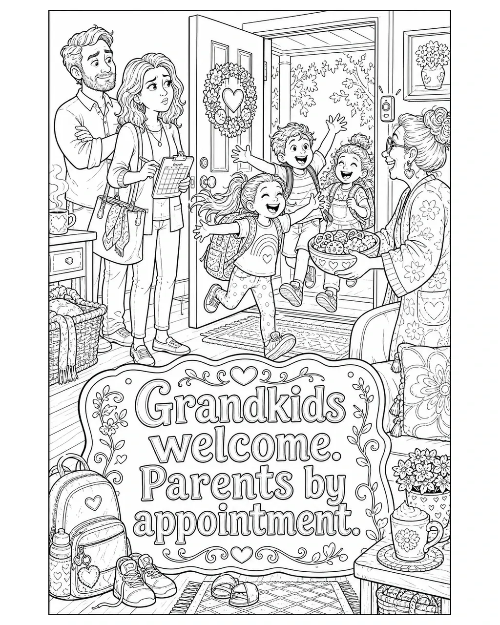 Black and white printable adult coloring page with the hand-lettered phrase Grandkids welcome. Parents by appointment. Features front-door welcome mat, appointment calendar, grandparent house.