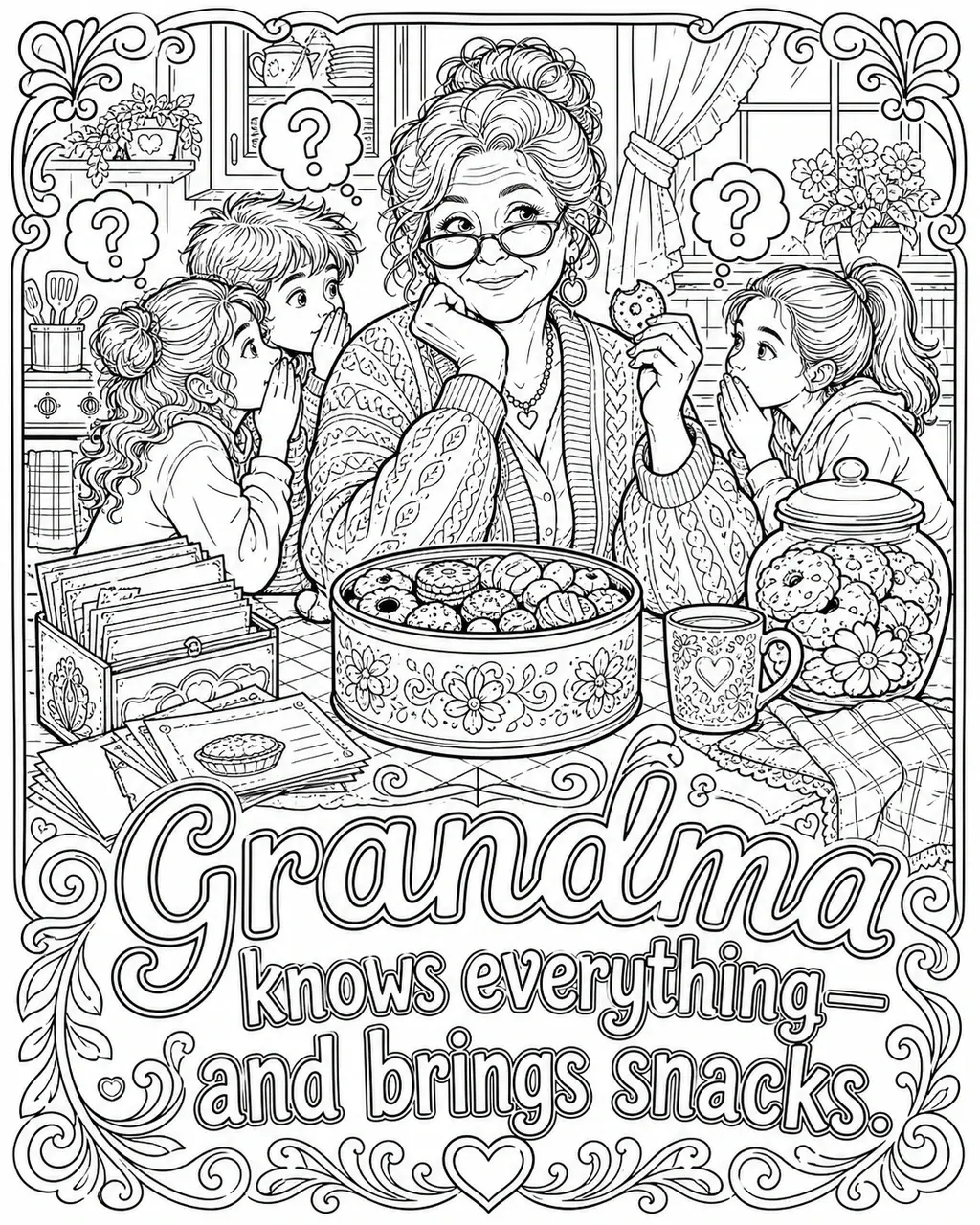 Black and white printable adult coloring page with the hand-lettered phrase Grandma knows everything—and brings snacks. Features grandma glasses, snack tin, cookie jar.