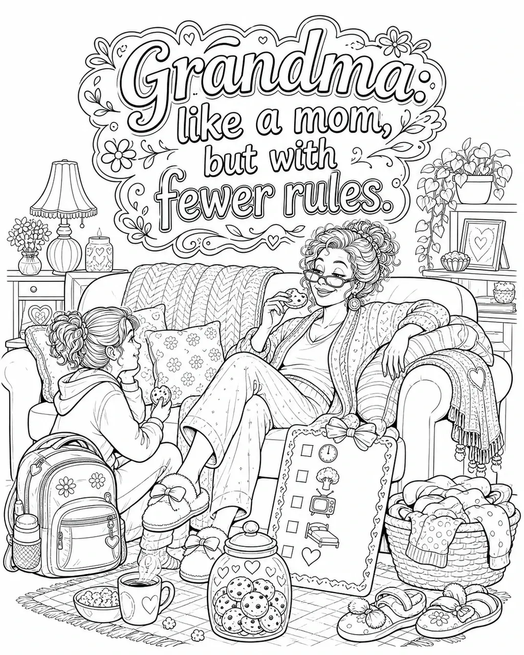 Black and white printable adult coloring page with the hand-lettered phrase Grandma: like a mom, but with fewer rules. Features cookie jar, handwritten house-rules card, slippers.